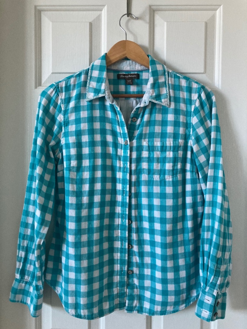 Tommy Bahama Teal Plaid Button Down Womens Medium